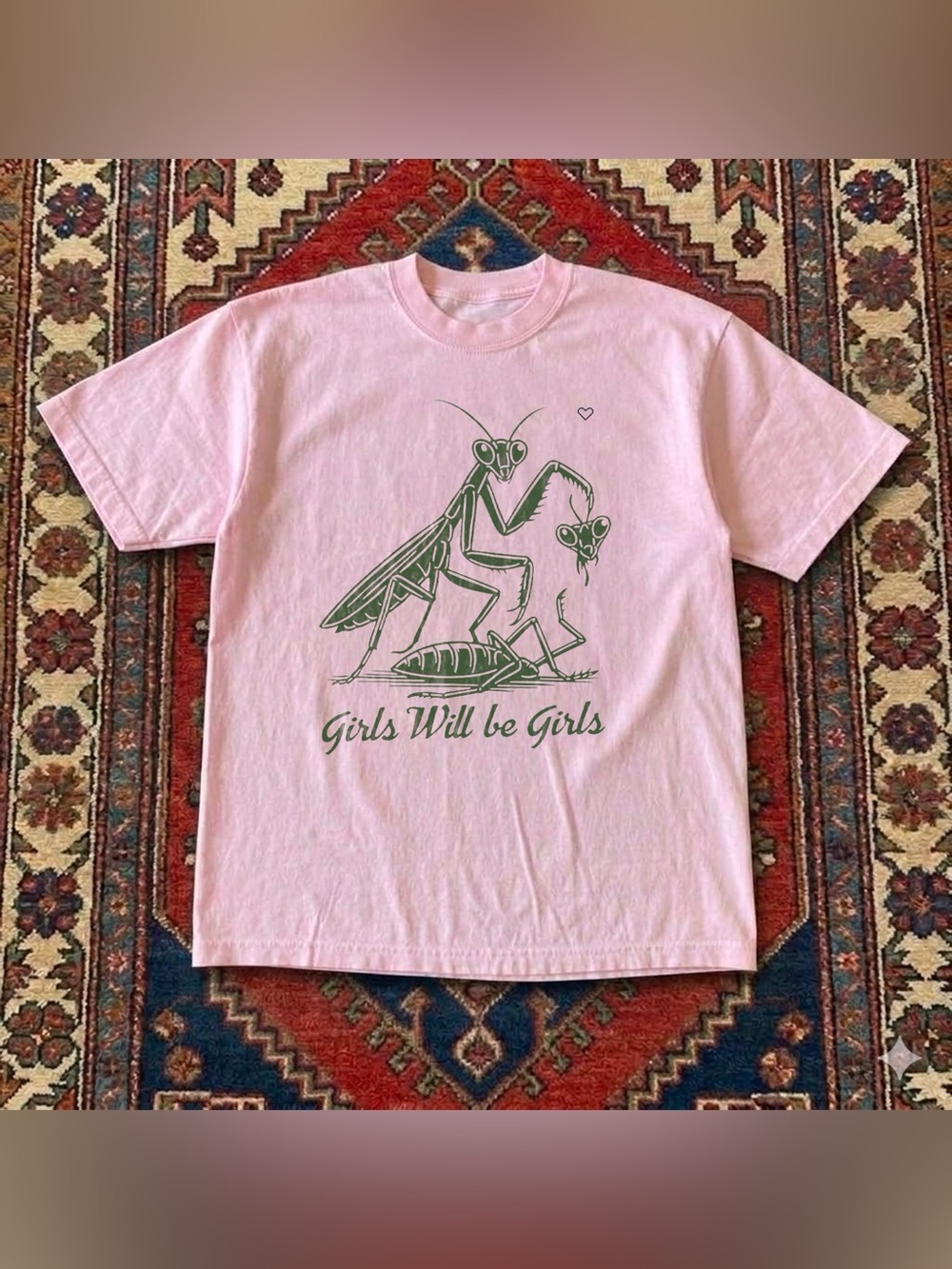 Gildan Pink Tee with Green Praying Mantis Graphic